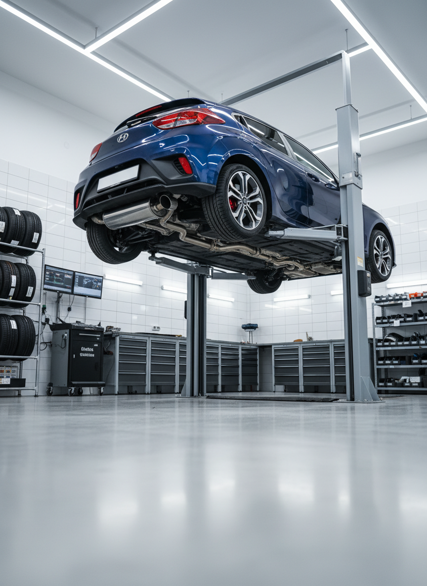 A well-organized Korean auto repair bay with a dark blue compact car lifted on a hydraulic hoist, captured from a slightly low, three-quarter angle. The underbody is clearly visible: exhaust system, suspension arms, and brake components are sharply detailed and clean. Around the vehicle, neatly arranged tool cabinets, diagnostic equipment, and tire racks line the walls, all in a tidy, professional layout without any people present. Cool, bright LED ceiling lights cast even, shadow-free illumination, allowing every mechanical detail to be studied. The atmosphere is serious and technical, suited for an article explaining maintenance procedures. Photographic realism with a wide-angle lens, sharp focus throughout, and a calm, workshop-industrial feel.