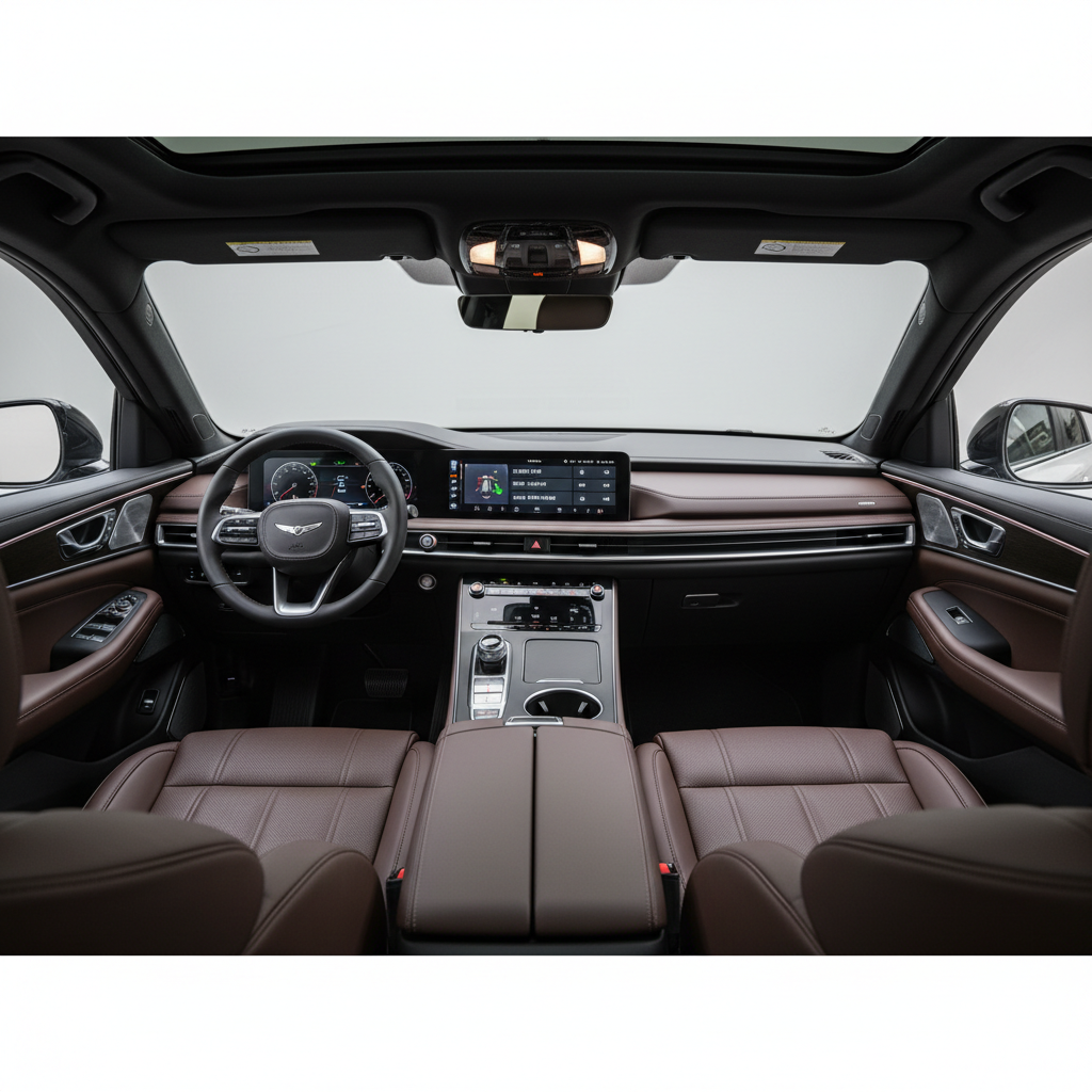 A premium midsize SUV interior in dark brown and black tones, photographed from the rear passenger area looking toward the front. The image highlights the leather seats with detailed stitching, a large infotainment screen displaying a Korean-language interface, and a clean, ergonomic center console with metallic trim. Soft overhead ambient lighting and a hint of daylight filtering through the panoramic sunroof create gentle reflections on the dashboard and steering wheel. The composition follows the rule of thirds, with the cockpit slightly off-center, emphasizing usability and material quality. The mood is professional and meticulous, ideal for showcasing interior review details on a serious automotive information site. Photographic realism with crisp textures and a subtle depth of field that keeps the entire cabin readable.