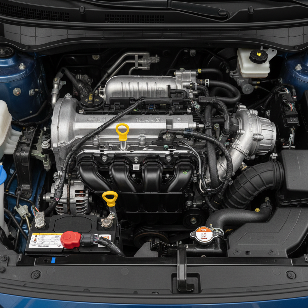 A close-up, overhead photographic view of a modern turbocharged gasoline engine bay in a Korean compact car, the plastic engine cover removed to expose metallic components, hoses, and wiring looms. The image focuses on key service points: oil filler cap, dipstick tube, coolant reservoir, and battery terminals, each clean and clearly distinguishable. Neutral workshop lighting from above creates soft, functional illumination with minimal harsh shadows, emphasizing practicality over drama. The background includes parts of the fenders and strut towers, hinting at the car’s exterior color without distracting from the engine. The composition is tight and centered, conveying a methodical, educational mood ideal for a detailed maintenance guide. Photographic realism with high resolution to show fine textures and labels without any text overlays.